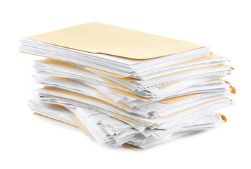 Stack of file folders with papers isolated on white