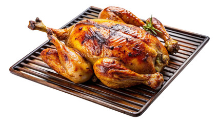 Fototapeta premium Roasted whole chicken on a wooden grill rack with rosemary garnish a delicious and golden brown poultry dish