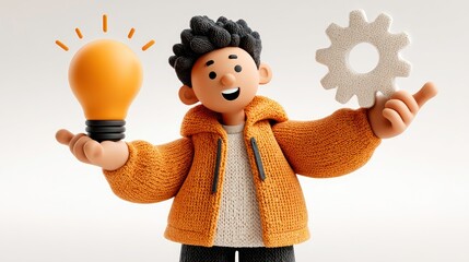 Innovative Thinking Cartoon Character Holding Light Bulb and Gear Symbolizing Creativity and P