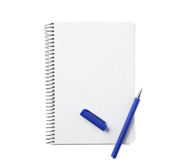 Pen and open notebook isolated on white, top view