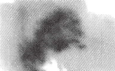 A dark speckled portrait emerges from a textured white background.