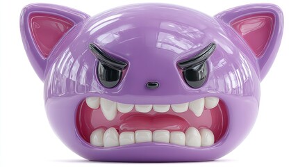 A vibrant purple creature with an exaggerated angry expression and sharp teeth