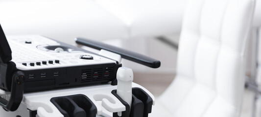 Modern ultrasound machine in clinic, closeup. Medical equipment