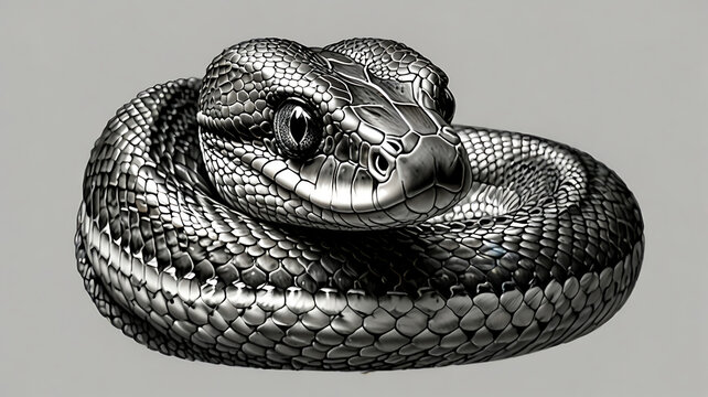<Metallic African Rock Python 3D Design: Realistic Black and White Snake Sculpture with Chrome Finish and Hypnotic Patterns>
