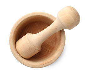 Wooden mortar with pestle isolated on white, top view