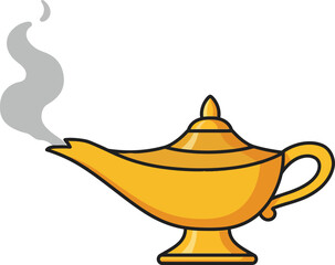 Golden magic lamp with smoke coming from spout vector illustration for fantasy and fairy tale themes 