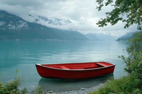 Red rowboat on tranquil lake, mountains and clouds