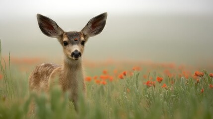 Fototapeta premium Small deer in tall grass field with orange flowers, gray sky background