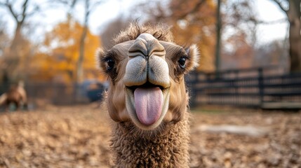 Obraz premium Close-up of playful camel sticking out tongue in autumn forest setting