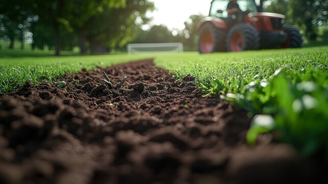 Tilled earth dividing lush green field