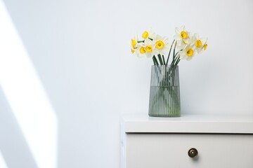 Beautiful daffodils in vase on dresser indoors, space for text