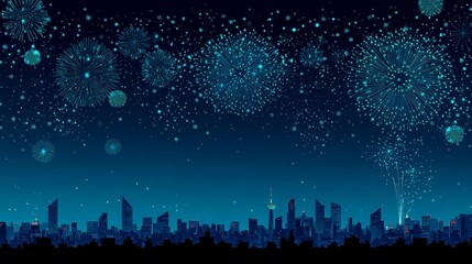 Fireworks display over a city skyline in a night sky