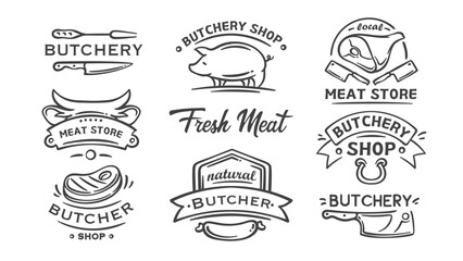 Butchery logo, meat shop line icons set. Outline hand drawn vintage Fresh meat inscription, stamps with ribbon and pig, knife and fork, steak. Butchers store logotype collection vector illustration
