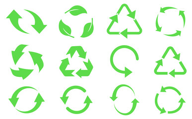 Set of 12 green recycling and eco-friendly icons including circular arrows, leaf motifs, and triangular loops for sustainability, waste management, and environmental conservation vector illustration