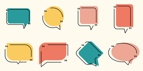 Quote frame template design featuring colorful abstract speech bubble shapes in red, yellow, and teal with decorative quotation marks, flat vector style for social media or web use