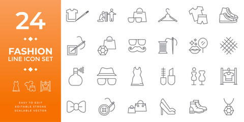 Fashion line icon set featuring 24 vector illustrations of clothing, accessories, makeup, and tailoring tools, perfect for branding, UI/UX, web, and fashion design projects