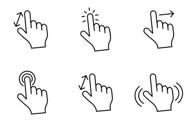 Obraz premium Hand touch gesture icon set showing different touchscreen interactions including tap, double tap, swipe, drag, zoom, and press, perfect for UI UX design, apps, vector illustrations