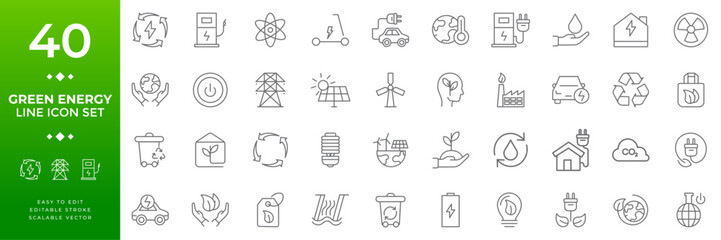 Green energy line icon set featuring eco-friendly and sustainable power symbols including solar panels, wind turbines, electric vehicles, recycling, and renewable energy illustrations © Vector Jungle