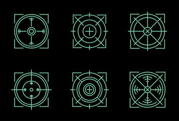 Set of futuristic green crosshair target scope icons on a black background featuring sci-fi inspired circular HUD elements and vector designs ideal for tech or gaming themes