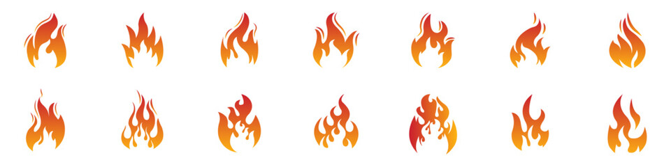 Flame icon set featuring 15 unique fire illustrations in gradient red and orange tones, ideal for vector graphics, decals, stickers, app icons, tattoos, or digital design elements