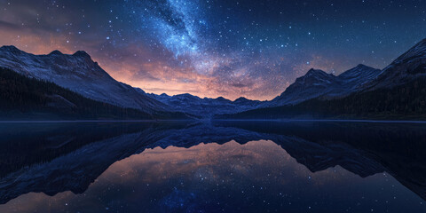 Stunning Night Sky Milky Way Galaxy Over Mountain Lake