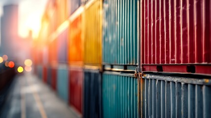 Fototapeta premium Colorful stacked shipping containers at industrial docks in sunset light