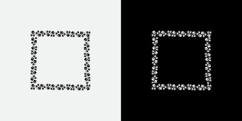 Square paw print frame on dual color background, vector illustration with black paw prints on white and white paw prints on black, pet-themed decorative border design. © Vector Jungle