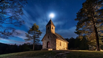 secluded stone chapel under a starlit night sky with a full moon shining brightly over a serene forest