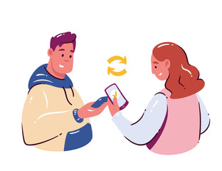 Man and woman making mobile payment transfer using smartphones, symbolizing online banking, money exchange, and digital finance. Cartoon doodle style for finance or e-commerce. Vector illustration.