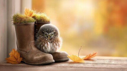 Obraz premium Small owl perched on boots beside potted plant, owl head protruding from pot