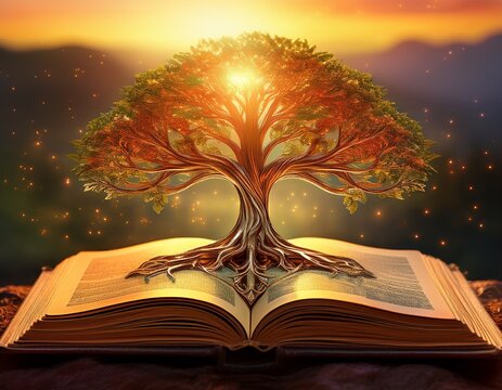 a majestic tree of life emerges from the pages of an antique book bathed in warm sunlight symbolizing the growth of knowledge and wisdom from sacred texts