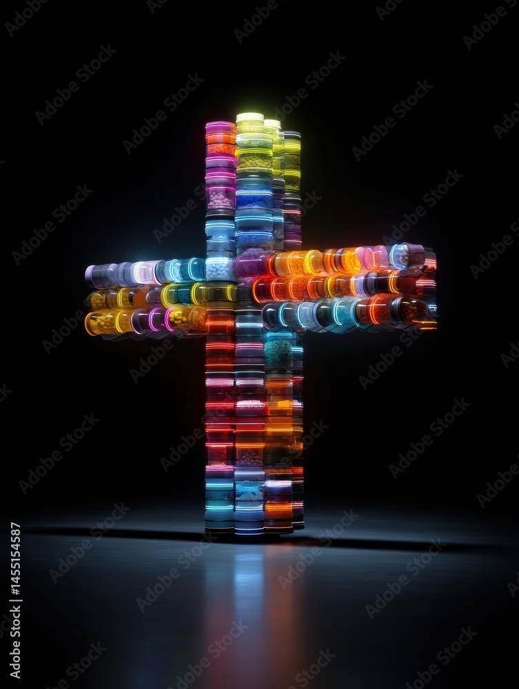 Fototapete neon glowing cross formed by levitating pill bottles in a dark setting creating a vibrant visual foc