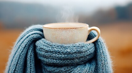   A close-up photo captures a steaming cup of coffee within a cozy blanket