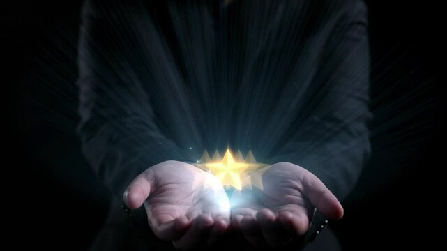 Hands are open in a dark space, showcasing glowing stars and digital speech bubbles, symbolizing customer feedback, ratings, and overall satisfaction in business. Qubit