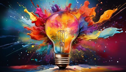 light bulb explosion with vibrant color splash symbolizing creative thinking and imagination