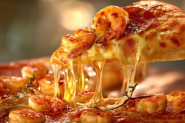 A cheesy, delicious slice of shrimp pizza being pulled, showcasing strings of melted cheese. Warm lighting enhances the golden hues.