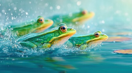 Naklejka premium Green frogs swimming in water, splash included