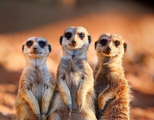 Fototapeta premium a delightful image of three meerkats standing closely together and staring attentively from their burrow with a plain soft focus background highlighting their features