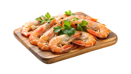 Delicious Cooked Shrimp on Wooden Board with Fresh Parsley Garnish Appetizer Seafood Dish
