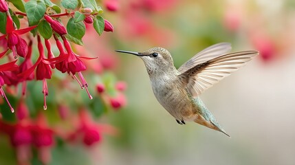 Obraz premium A hummingbird hovers in front of a fuchsia plant with red and green flowers