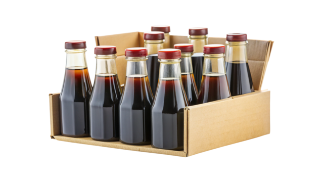 Ten Bottles of Dark Brown Liquid in a Cardboard Box on transparent background