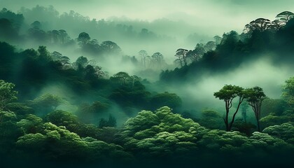 forest background with fog around trees dark green panorama walpaper background