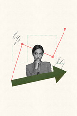 Creative artwork collage of business woman thinking look graphs on pastel color background