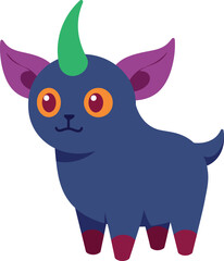 Cute blue cartoon baby goat with green horn and purple ears vector illustration for children and animal themes 