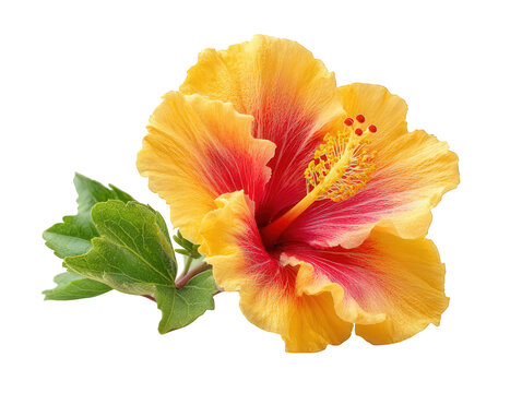 Fototapeta Vivid hibiscus flower displaying bright orange and yellow petals with red accents, set against a transparent backdrop that highlights its beauty and intricate details