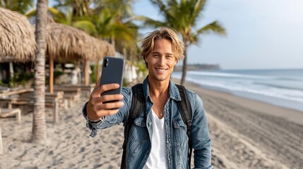Young man taking selfie on tropical beach with palm trees and ocean in background