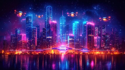 Obraz premium Neon Cityscape: Futuristic Nightscape with Flying Vehicles