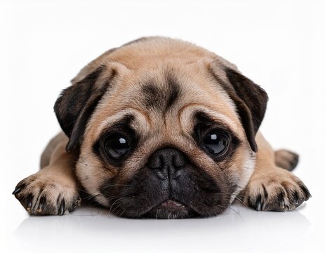 adorable chubby pug dogs lying down with sad puppy eyes isolated on white background