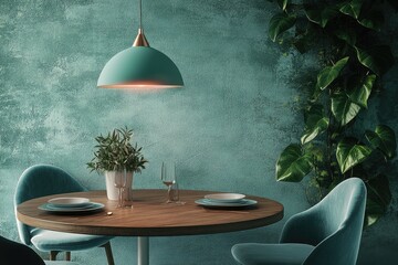 Teal dining room with modern pendant light, greenery, and wooden table.  