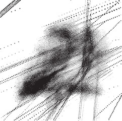 A grayscale portrait features a close-up of a person's eye rendered with dense black dots.